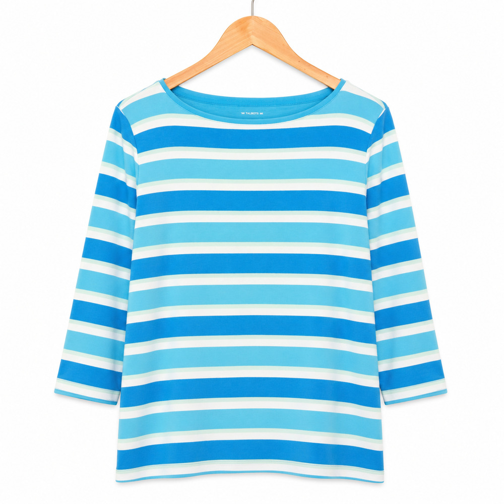 Talbots Tee Womens Size 2Xp Blue Green White Stripe 3/4 Sleeve 100% Cotton NWT